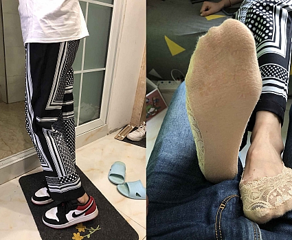 约来附近的大学生脱她的AJ板鞋玩舔船袜裸足